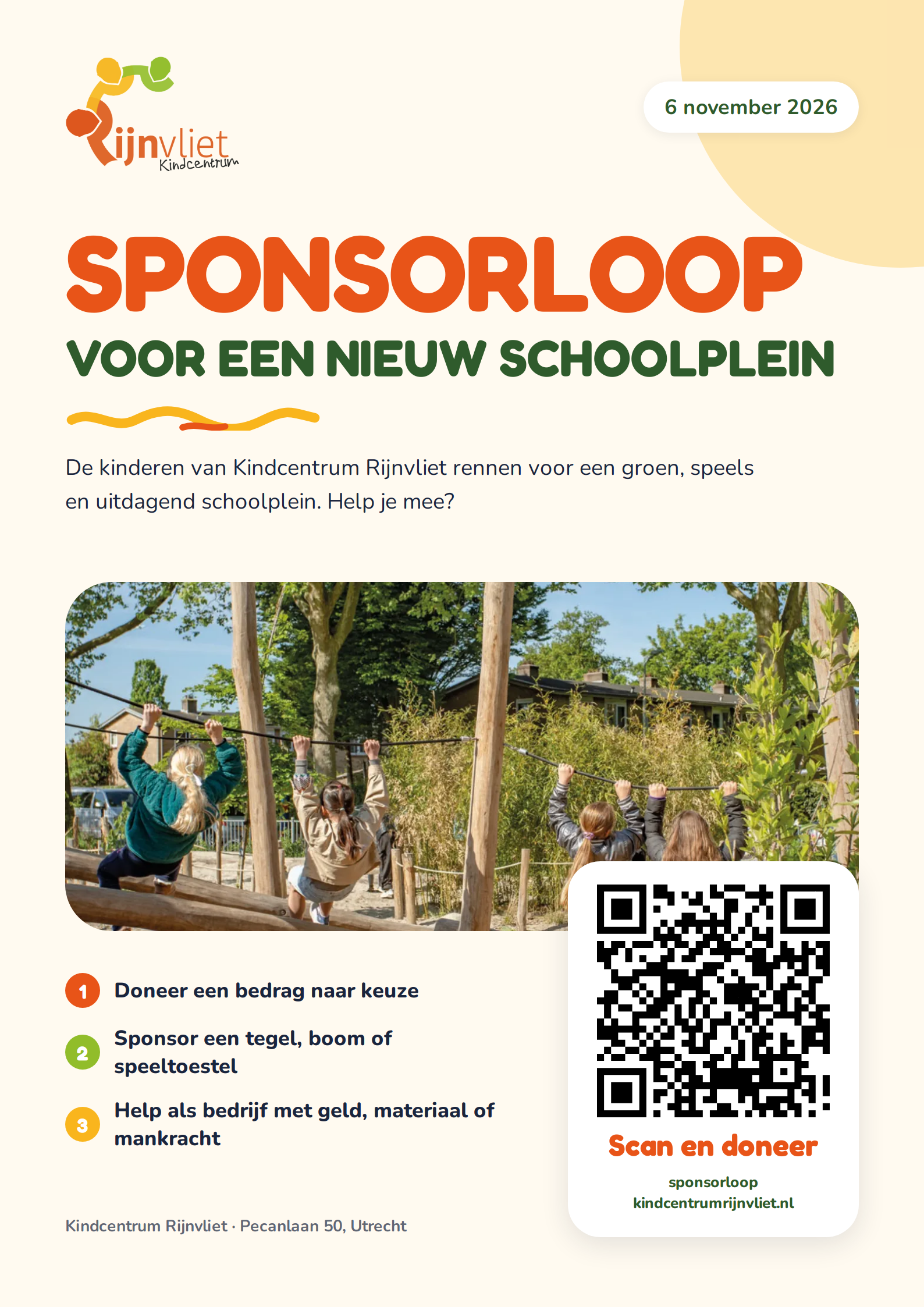 Poster: Sponsorloop voor een nieuw schoolplein, met QR-code